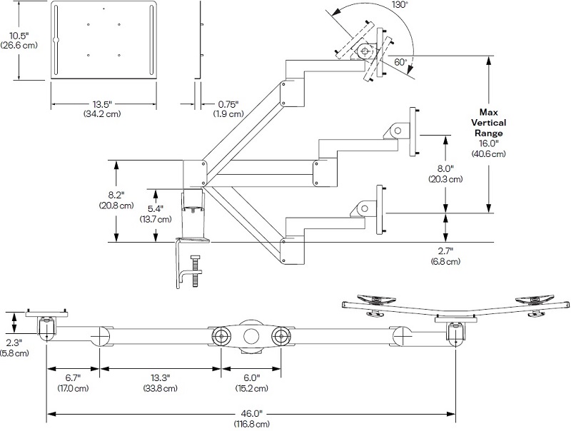 Technical Drawing for Innovative 7050-Switch Laptop and Dual Monitor Arm Mount
