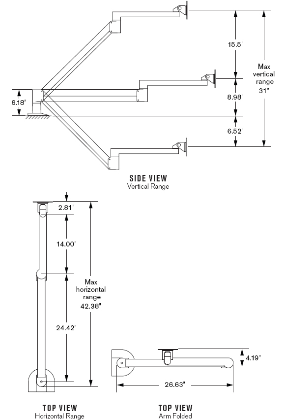 Drawing for Innovative 7601-14-1000 Long Reach (42") Flat Panel Radial LCD Monitor Arm