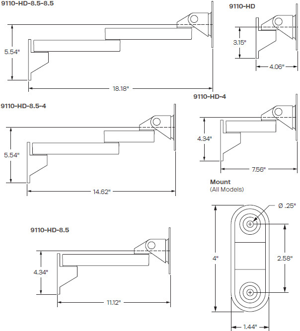 Technical Drawing for Innovative 9110-HD Heavy Duty Monitor/TV Wall Mount