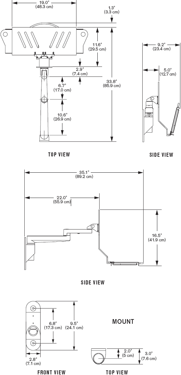 Technical Drawing for Innovative 9300-HD-DE Articulating Wall Mounted Data Entry Arm
