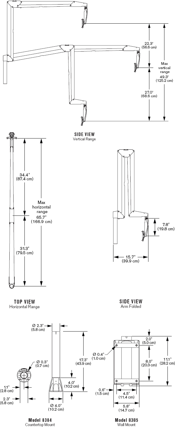 Technical Drawing for Innovative 9400 Point of Care Counter Mounted LCD Arm