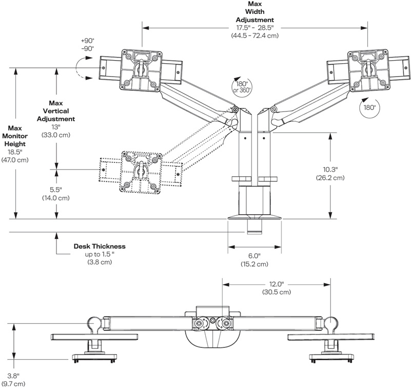 Technical Drawing for Innovative E2-2 Ergonomic Sleek Dual Articulating Monitor Arm