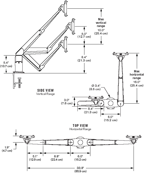 Technical Drawing for Innovative 5545-8408 Dual EVO LCD Arm Mount for Two Monitors