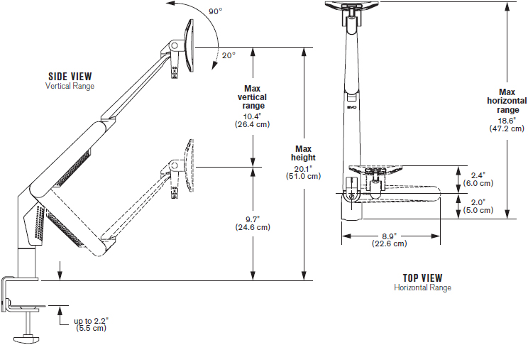 Technical Drawing for Innovative 5700-DC-SPM EVO II Desk Clamp Mount LCD Monitor Arm