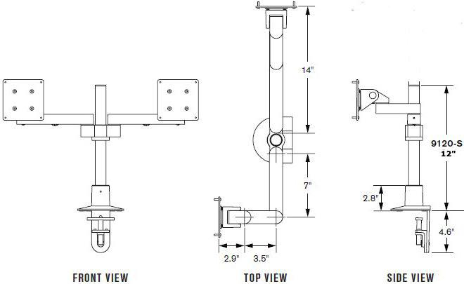 Technical Drawing for Innovative 9120-S-12 Dual Side By Side LCD Arm with 12" Pole