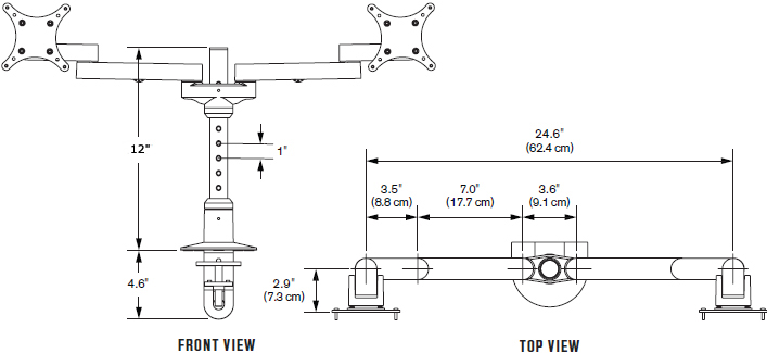 Technical Drawing for Innovative 9124-S-12 EURO Series Dual Side By Side LCD Arm with 12" Pole
