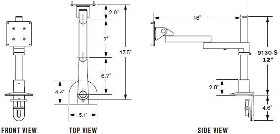 Technical Drawing for Innovative 9130-S-12 Long Reach LCD Arm with 12" Pole