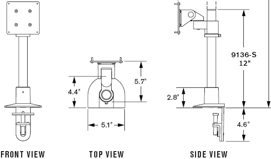 Technical Drawing for Innovative 9136-S-12-NM Articulating 12" LCD Pole Mount