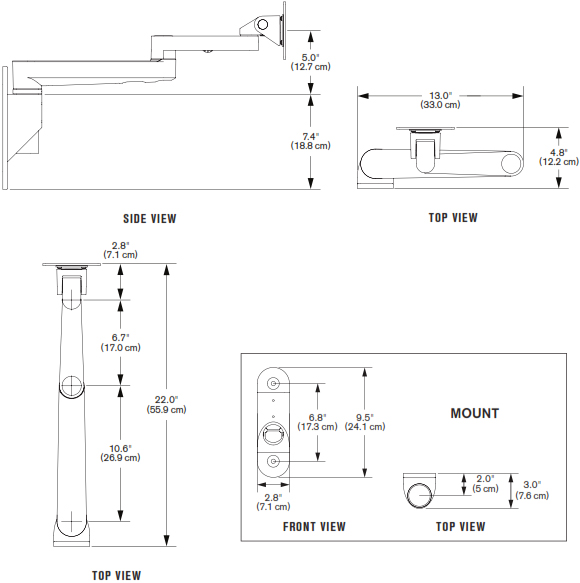 Technical Drawing for Innovative 9300-HD-2x2 Articulating Wall Mount with 200x200 VESA