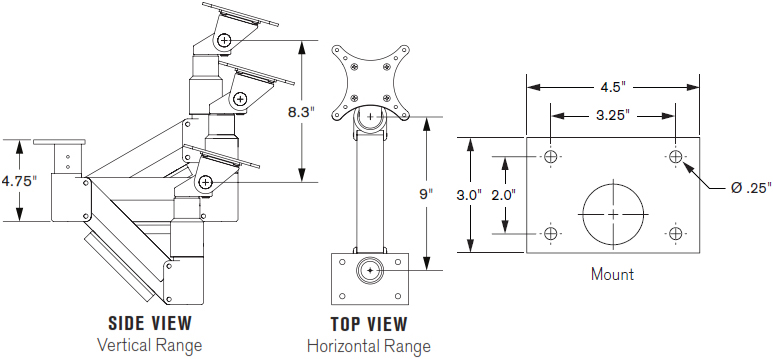 Technical Drawing for Innovative 3520 Under Cabinet or Under Table Monitor Mount Arm