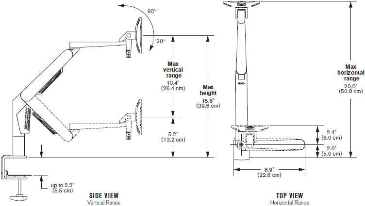 Technical Drawing for Innovative 5707-DC EVO Straight Reach LCD Monitor Arm