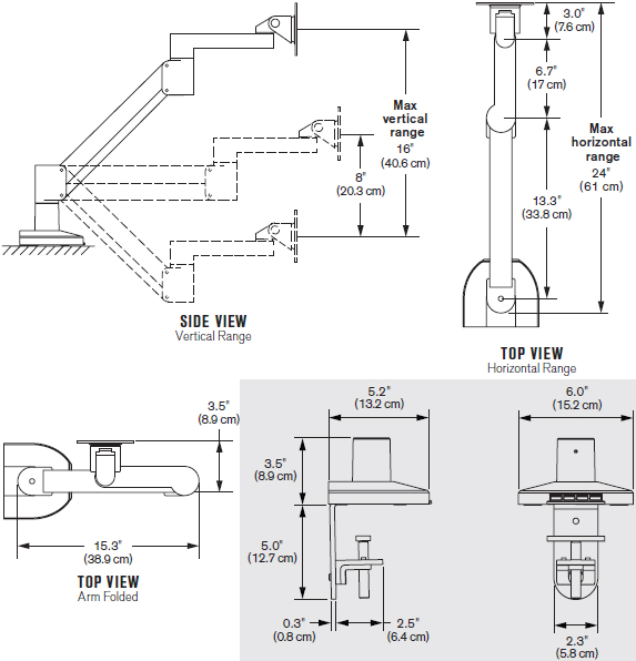 Technical Drawing for Innovative 7000-Busby Monitor Arm with Integrated USB Hub