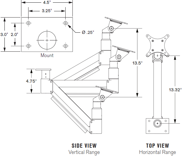 Technical Drawing for Innovative 7020 Long Reach Under Cabinet/Table Monitor Mount Arm