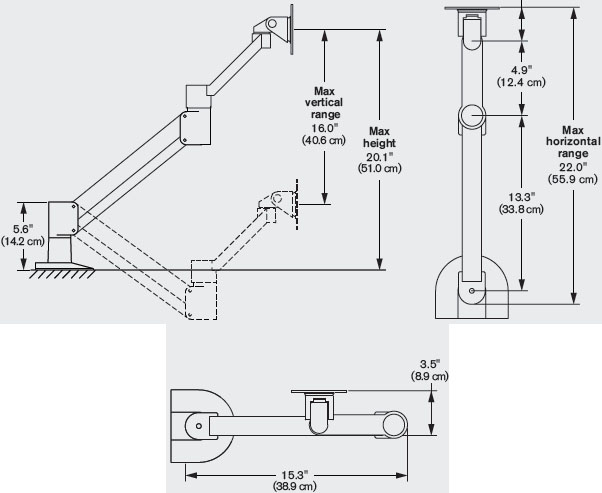 Technical Drawing for Innovative 7045 Flexible Monitor Arm with Angled Forearm