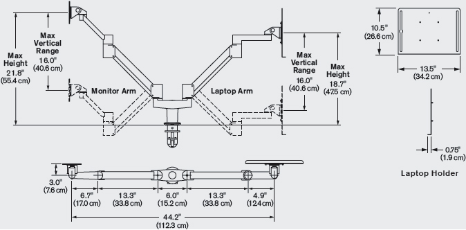 Technical Drawing for Innovative 7050 Flexible Height Adjustable Laptop and LCD mount