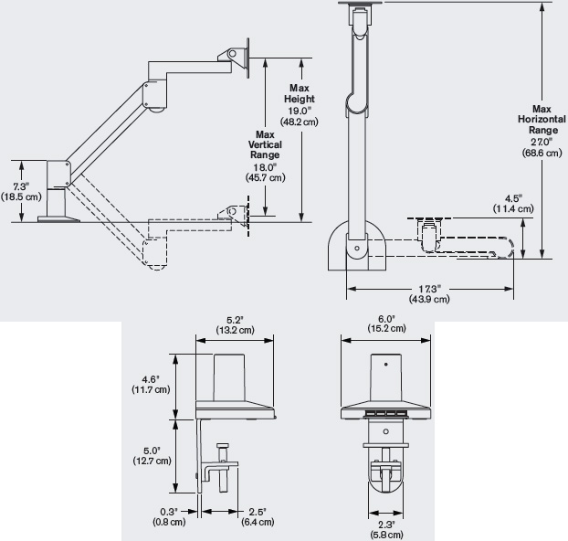 Technical Drawing for Innovative 7500-Busby Deluxe Monitor Arm with Integrated USB Hub