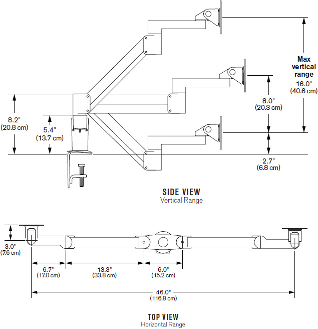 Dimensional Diagram for Innovative 7Flex-Dual-ETUS-104 7Flex Monitor Arm - TAA Version