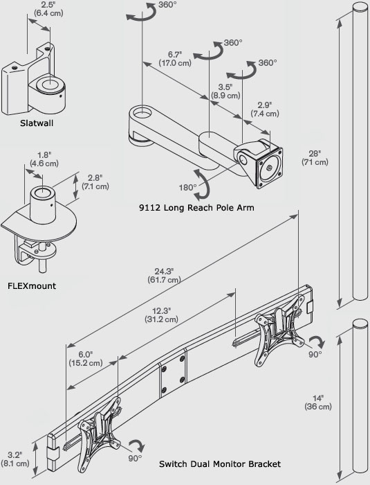 Technical Drawing for Innovative 9112-SWITCH-D-28 Articulating Quad LCD Arm, 28