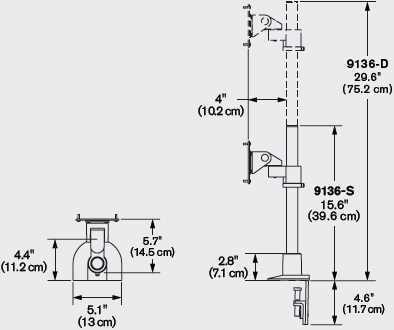 Technical Drawing for Innovative 9136-D-28 Articulating Dual 28 inch Flat Panel Pole Mount