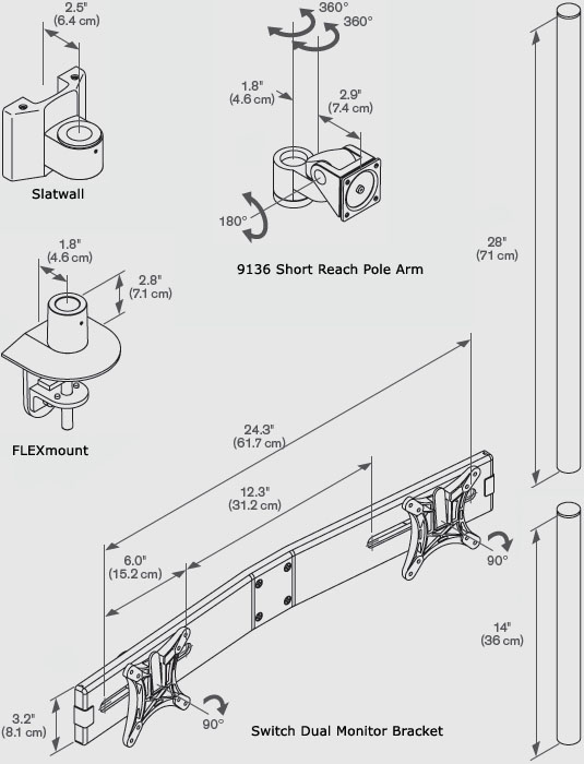 Technical Drawing for Innovative 9136-SWITCH-S-14 Dual LCD Monitor Arm with 14