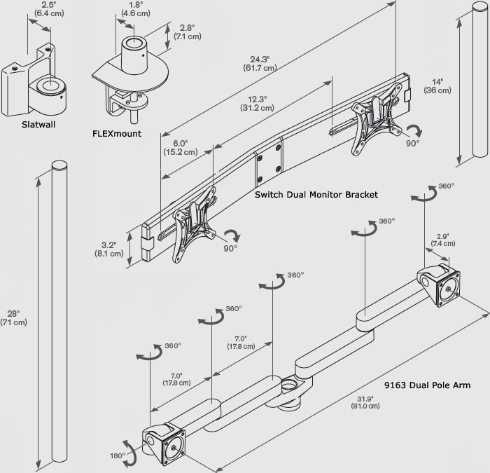 Technical Drawing for Innovative 9163-SWITCH-S-14 Triple LCD Monitor Arm with 14