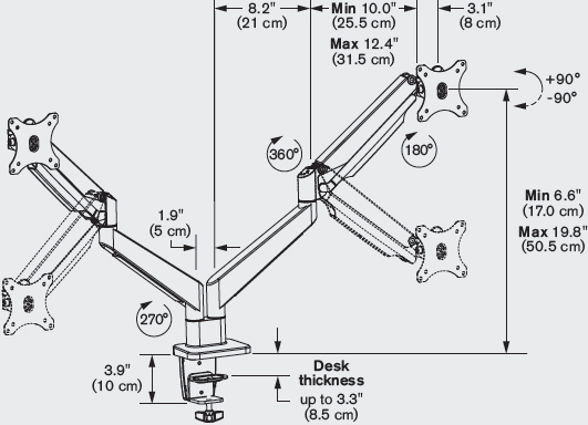 Technical Drawing for Innovative ENVOY-2 Envoy Dual Monitor Articulating Arm