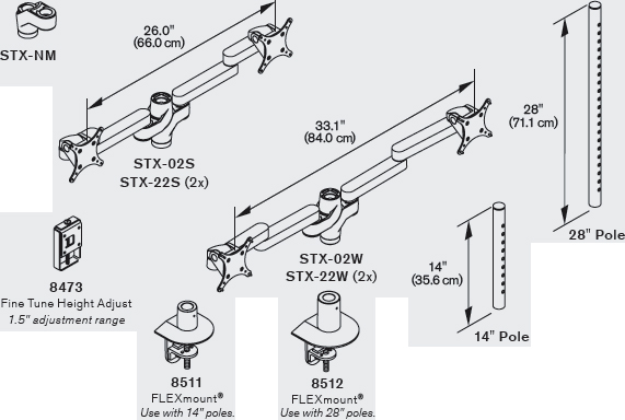Technical Drawing for Innovative STX-22S Staxx 2 Over 2 Monitor Mount - Standard