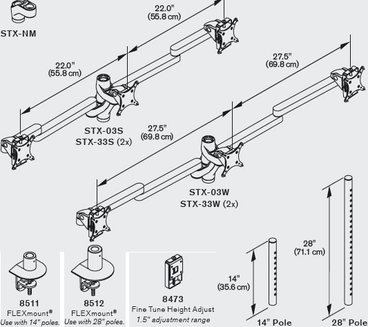 Technical Drawing for Innovative STX-03S Staxx Triple Monitor Mount - Standard