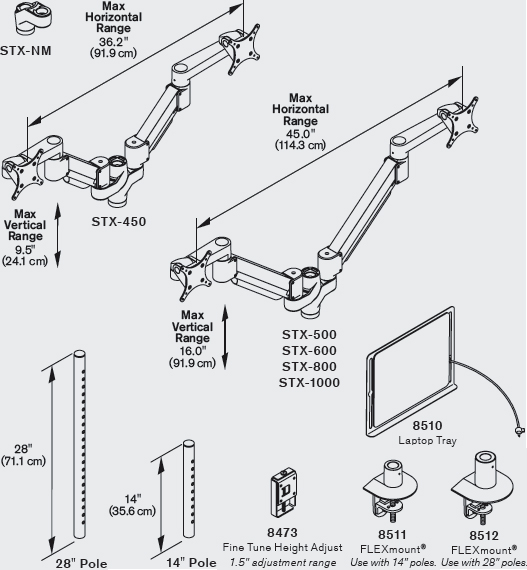 Technical Drawing for Innovative STX-600-8510 Staxx Articulating Monitor & Laptop Mount