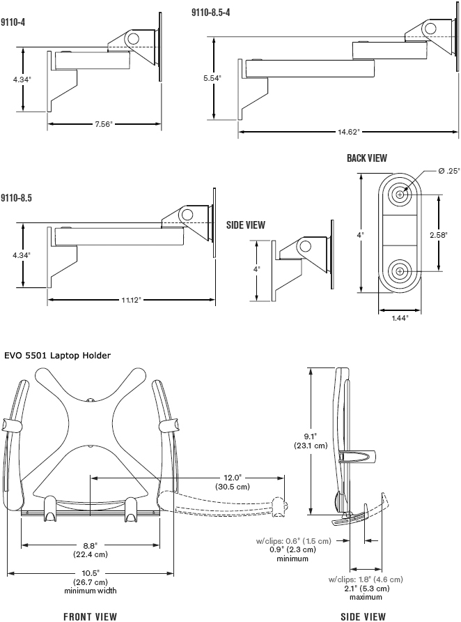 Technical Drawing for Innovative 9110-8.5-QR-EVO5501 Wall Mount Laptop Arm with QR Tilter
