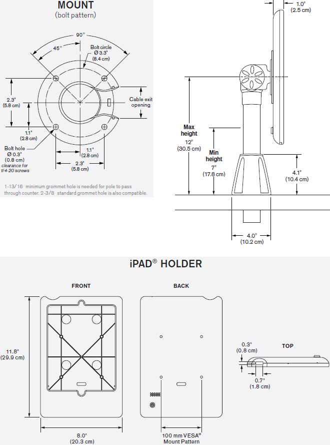 Technical Drawing for Innovative 9189-12-8438 Adjustable POS Mount with Secure iPad Holder