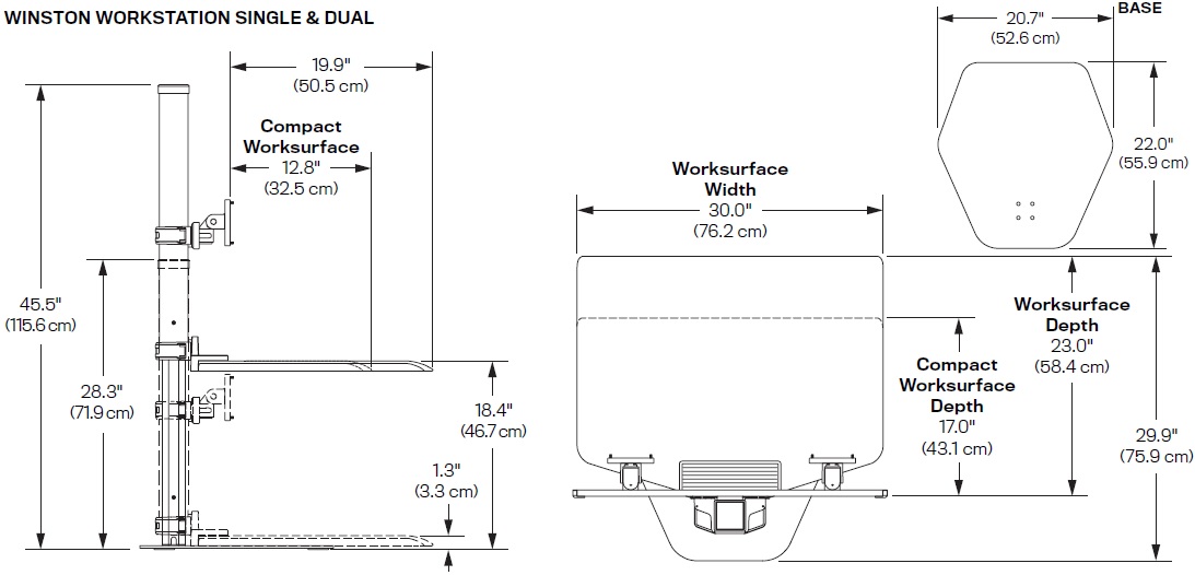 Technical Drawing for Innovative Winston Single Monitor Sit-Stand Workstation