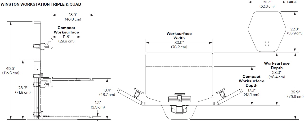 Technical Drawing for Innovative Winston Triple Monitor Sit-Stand Workstation