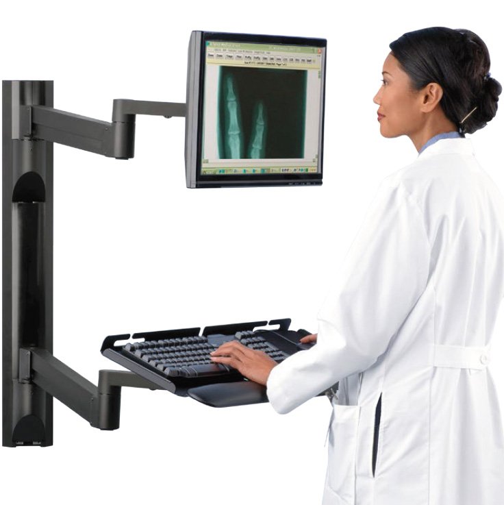 8326 vertical mounting track shown with optional 7000 monitor arm and 7019-NM keyboard arm.