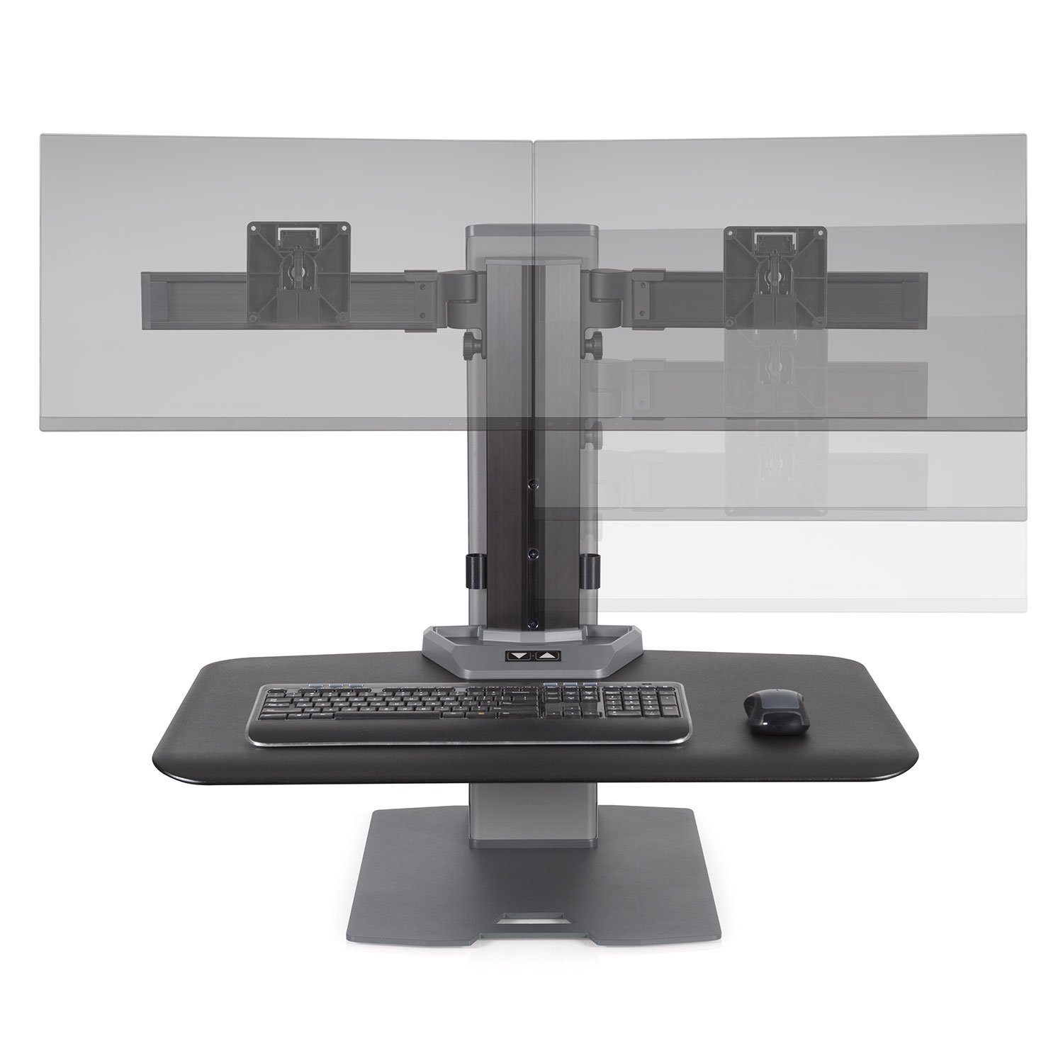 Independent movement of the monitors lets users keep each monitor at a comfortable, ergonomic level