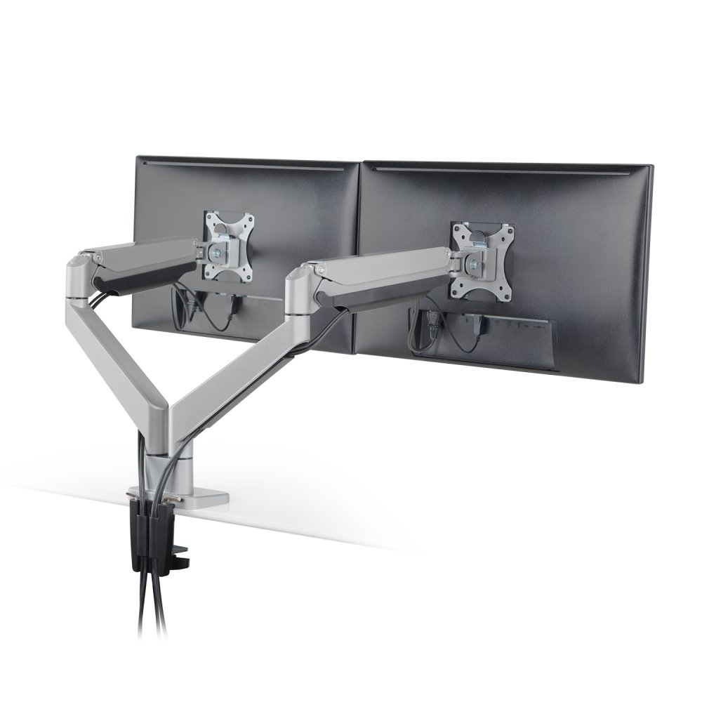 Sleek cable management system routes cables beneath the monitor arm