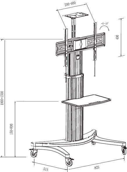Technical drawing for Loctek P2 Universal Mobile TV Cart