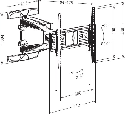 Technical Drawing for Loctek R2 Full Motion TV Bracket for Curved and Flat Screen TVs (32