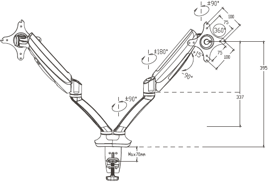 Technical drawing for Loctek Dual Arm Monitor Mount Gas Spring - D5D