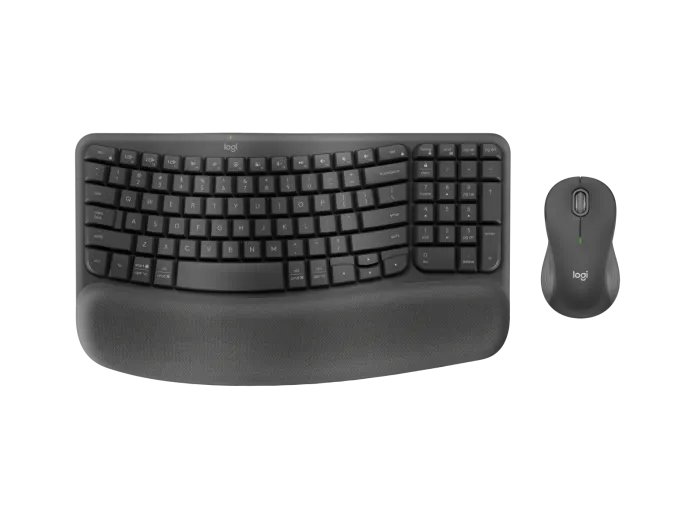 Wireless ergonomic keyboard with a cushioned palm rest, paired with a sculpted wireless mouse