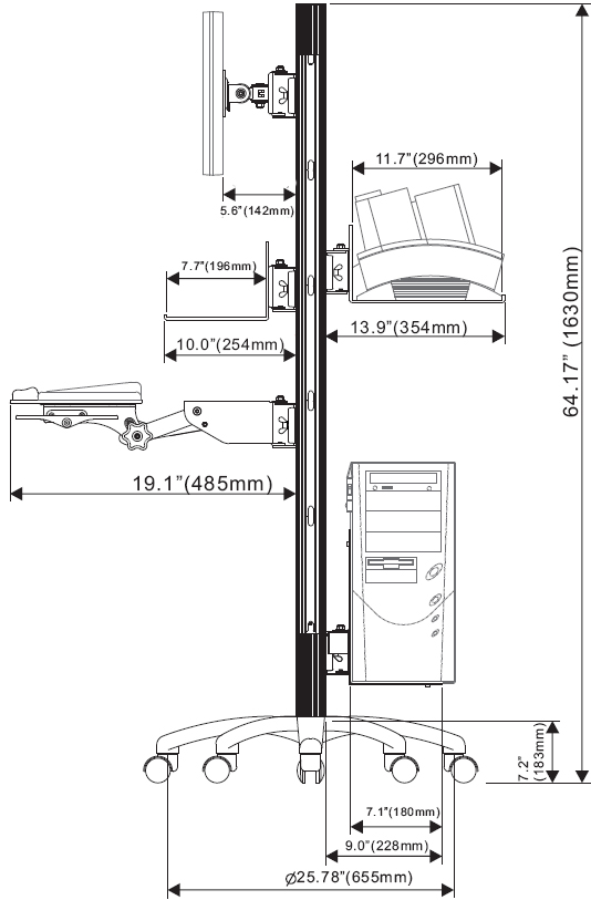 Technical Drawings for Luxor LSCW60 Height Adjustable Mobile Healthcare Cart