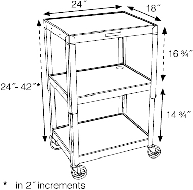 Technical drawing for Luxor AVJ42 Height Adjustable A/V Steel Cart - Three Shelves