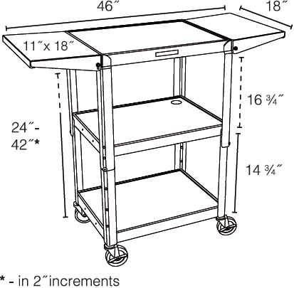 Technical drawing for Luxor AVJ42DL Height Adjustable A/V Steel Cart with Drop Leaf