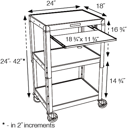 Technical Drawing for Luxor AVJ42KB Height Adjustable Steel Cart With Pullout Keyboard Tray