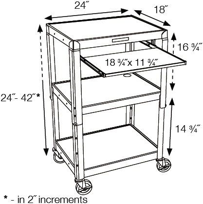 Technical Drawing for Luxor AVJ42KB Height Adjustable Steel Cart With Pullout Keyboard Tray