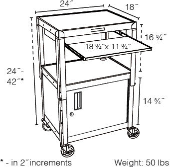 Technical Drawing for Luxor AVJ42KBC Adjustable Steel Cart w/ Cabinet & Pullout KB Tray