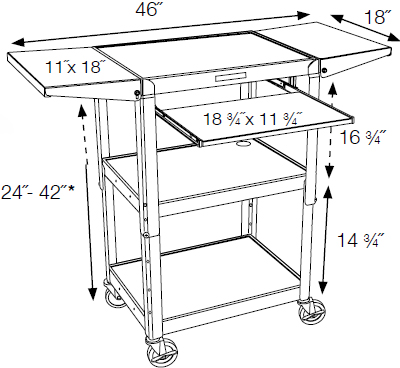 Technical Drawing for Luxor AVJ42KBDL Adjustable Height Metal Cart with Pull out Keyboard Tray