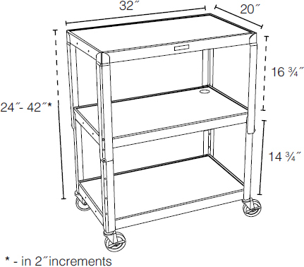 Technical drawing for Luxor AVJ42XL Extra Large Height Adjustable Steel A/V Cart