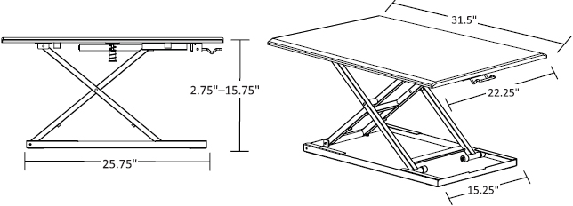 Technical drawing for Luxor LVLUP32-BK Level Up 32 Pneumatic Adjustable Desktop Desk