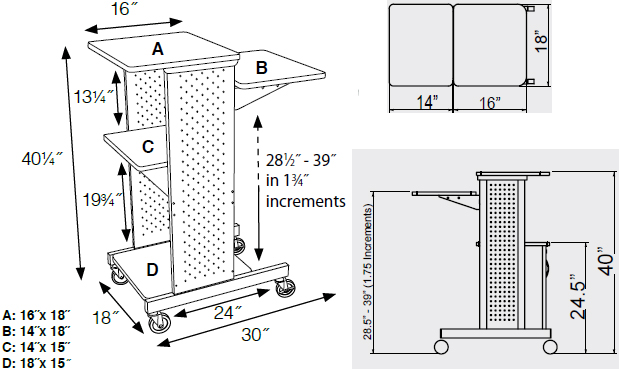 Technical Drawing for Luxor PS4000C Mobile Presentation Station with Locking Cabinet